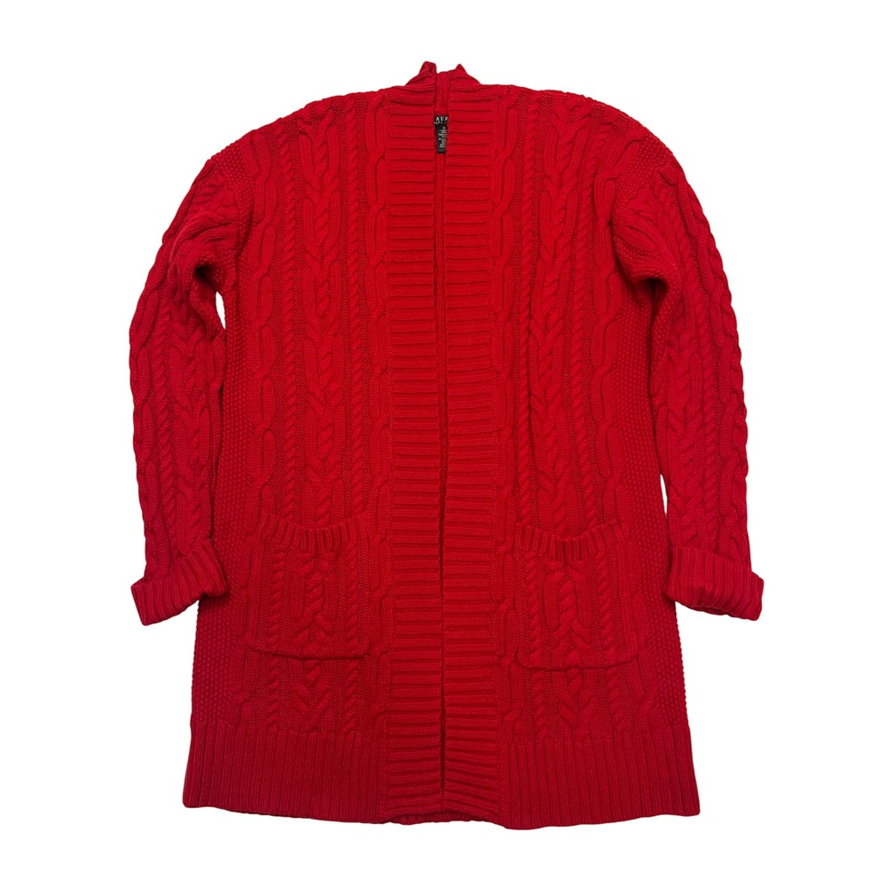 Lauren Ralph Lauren Apple Red Cable Knit Cotton Open Front Cardigan Sweater XL